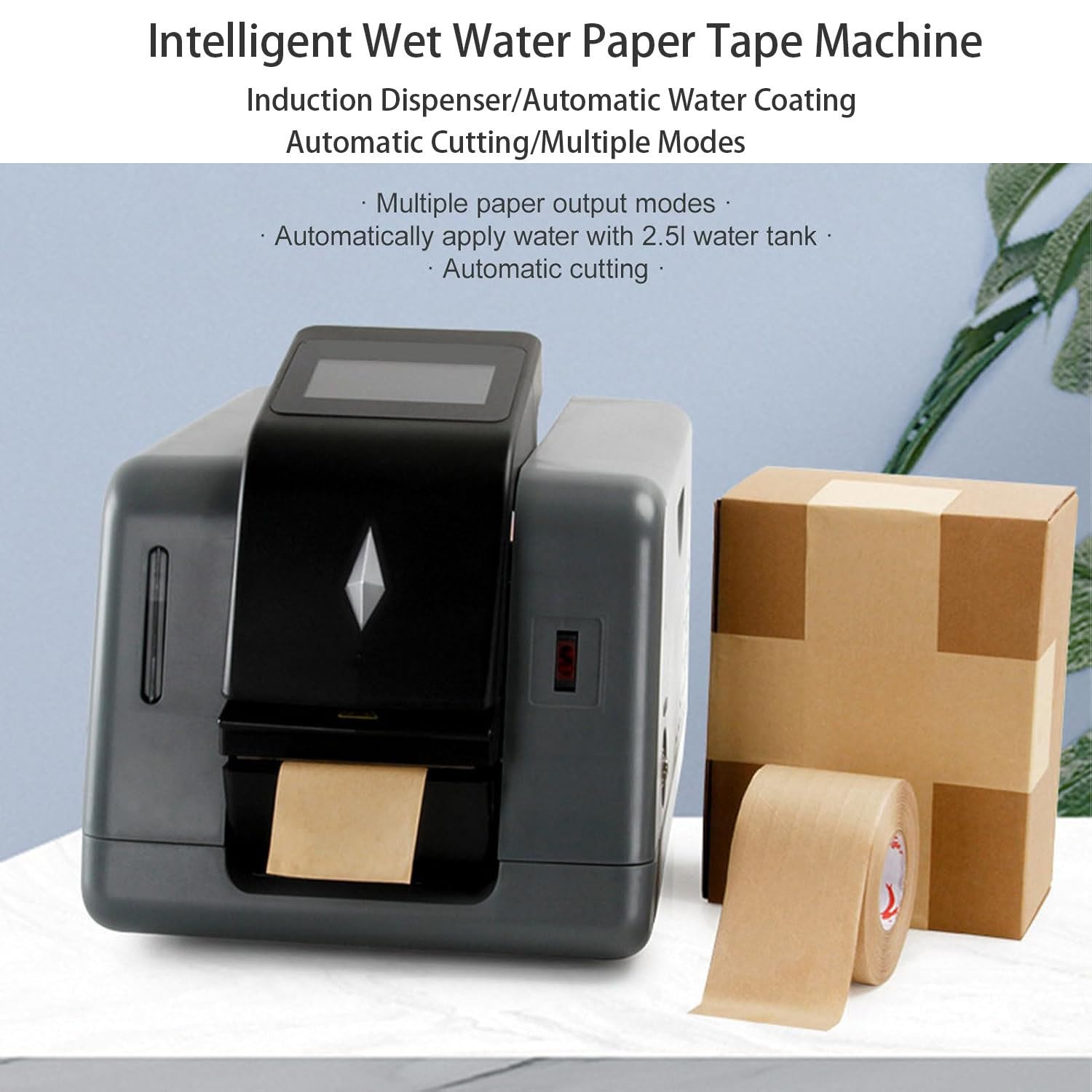 Distributeur automatique de ruban adhésif kraft activé par l'eau avec longueur et largeur réglables, coupe-emballage électrique