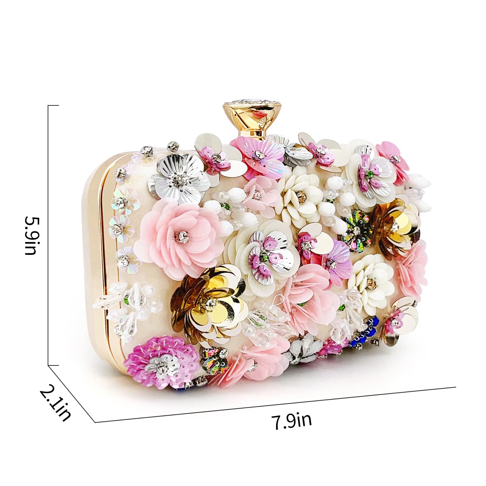 Women’s Floral Beaded flower Clutch Evening Handbag with Chain Strap for Formal Occasions (apricot)