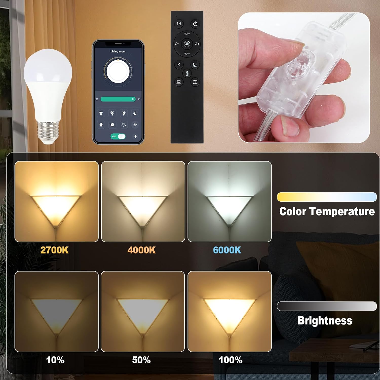 Dimmable Corner Lamp with Remote & Smart Bulb, Plug in Ceiling Light with Cord, Led Corner Lights for Living Room Bedroom Basement Office, Room-Saving Wall Light, Safe for Kids & Pets Design