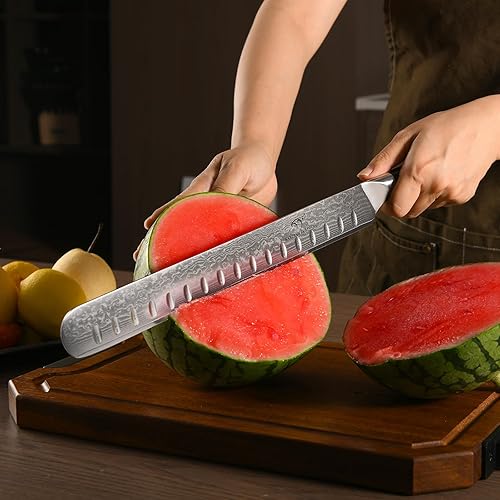 Miniatura 8 de NANFANG BROTHERS Damasco - Cuchillo para cortar pechuga con funda de cuchillo, cuchillo de tallar ultra afilado de 12 pulgadas para rebanar asados,