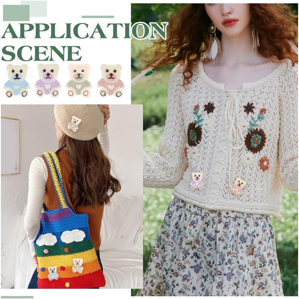 FINGERINSPIRE 40 Pcs Little Bear Crochet Patch 4 Colors Bear Crochet Knitted Cloth Applique 2.4x1.8Inch Polyester Cartoon Bears Embroider Sew On Patches Embellishments for Clothes Hats DIY Crafts