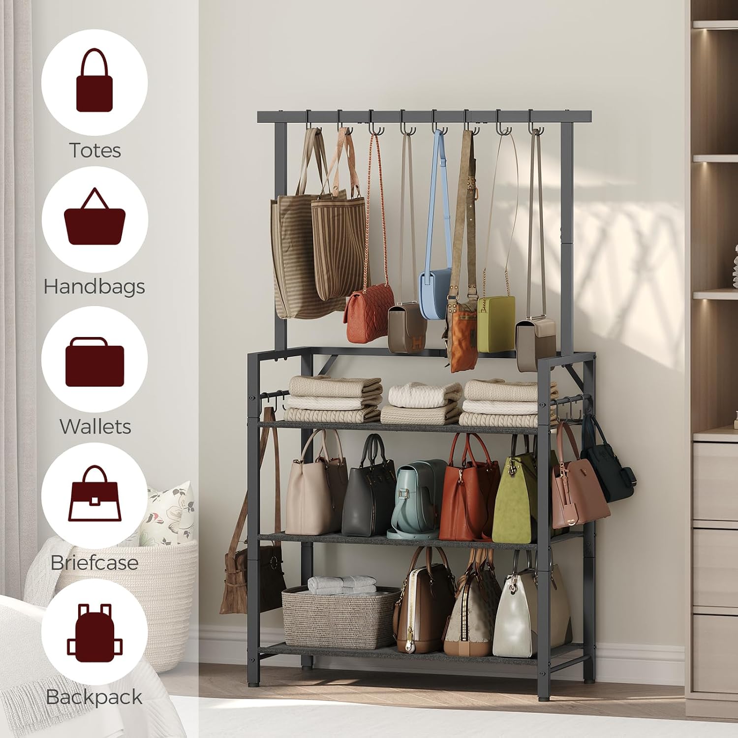 MAHANCRIS Large Purse Organizer for Closet, 3-Tier Purse Rack Stand with 14 Hooks, High-Capacity Handbag Storage Organizer for Small Spaces, Floor Standing Purse Shelf for Bedroom, Entryway, Black