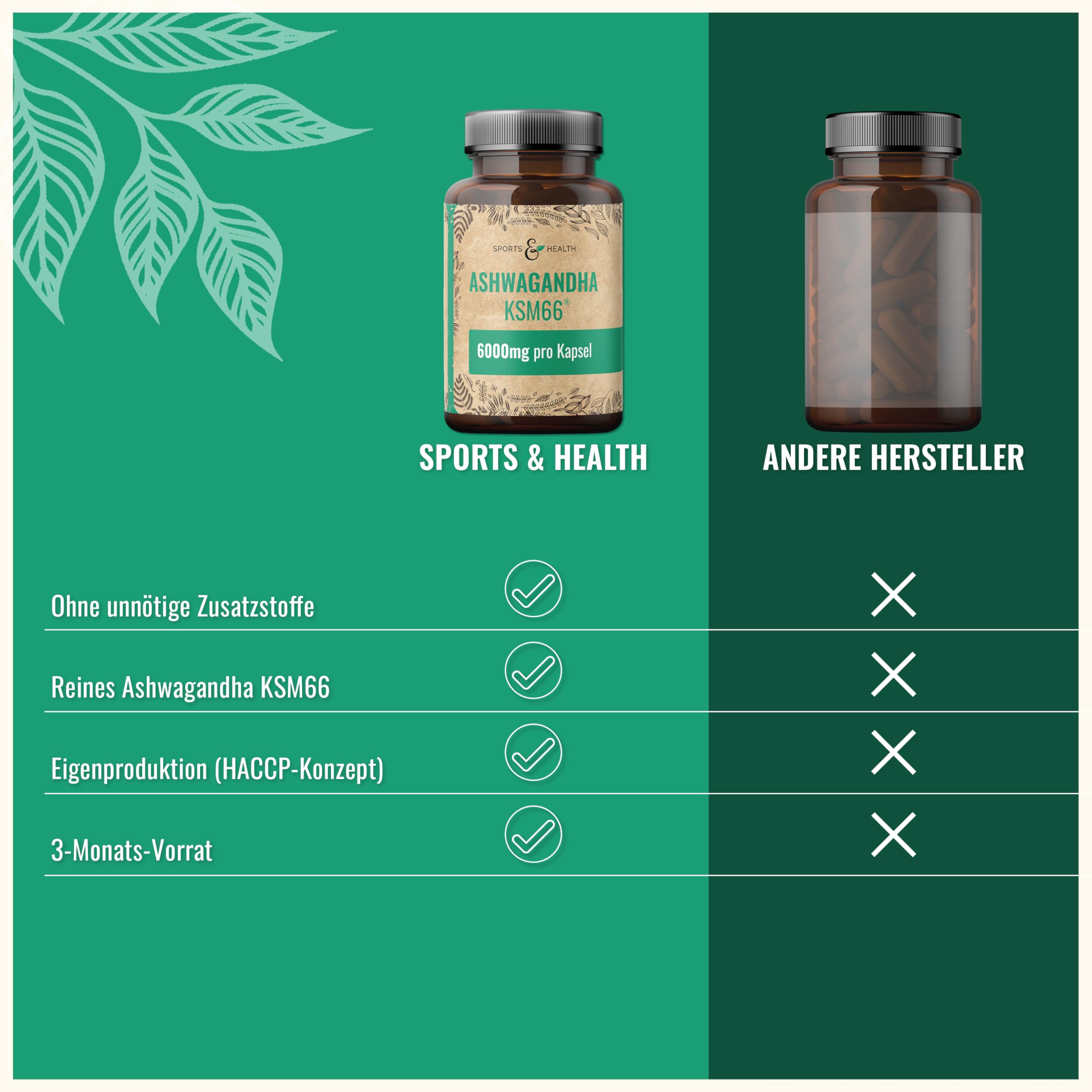 Ashwagandha KSM-66 Kapseln - Ultra Hochdosiert 6000mg pro Kapsel – Reines Extrakt ohne Zusätze – 100 Ashwagandha Kapseln – KSM66 Withanolide
