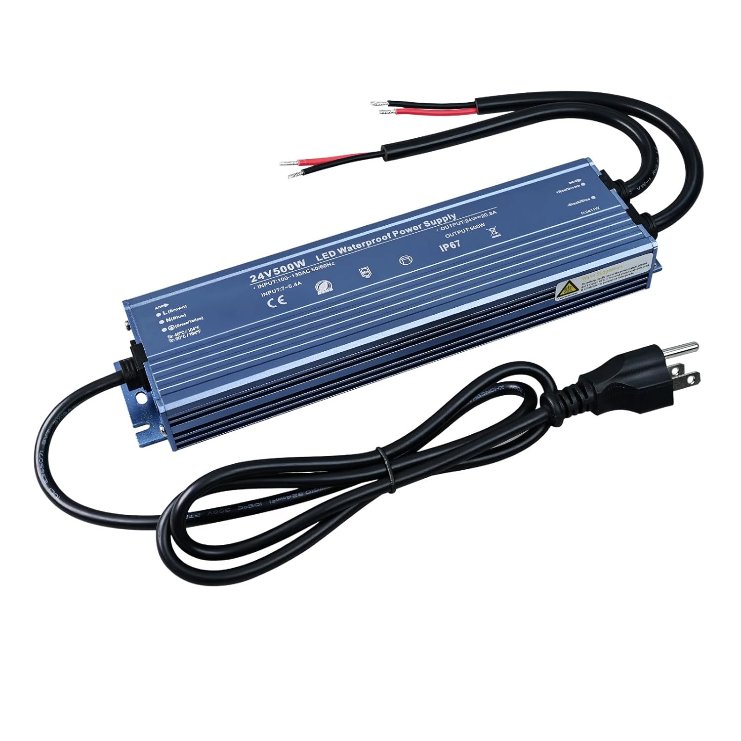 TOPAI LED Driver 24V 500W Outdoor IP67 Waterproof Power Supply, Transformer Adapter AC100V-130V to DC24V 20.8A Output, with 3 Prong Plug for Indoor Outdoor LED Lights