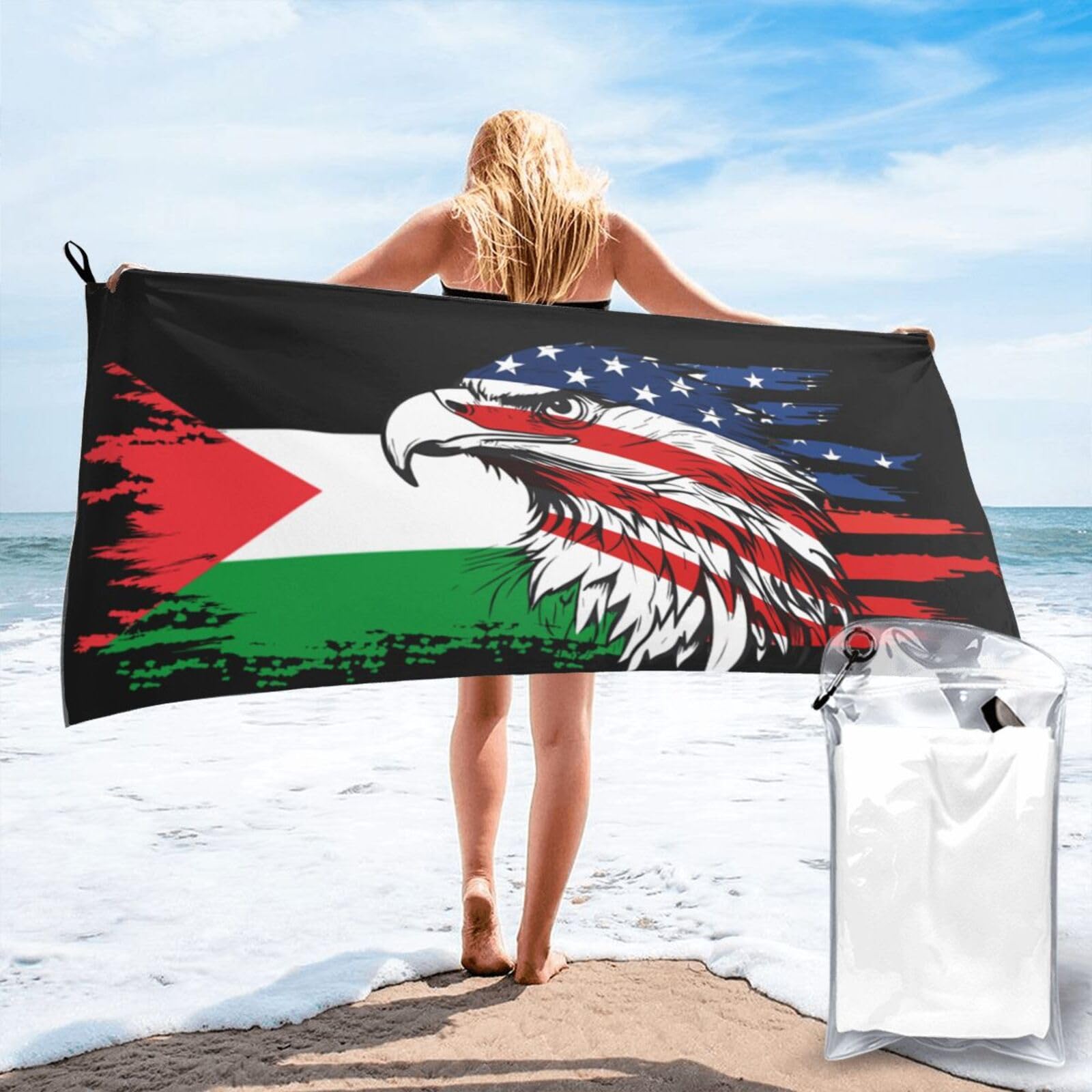 HACXZ America Flag and Palestine Palestinian Flag Microfiber Beach Towel Lightweight Absorbent Travel Pool for Men Women 31.5"X63"