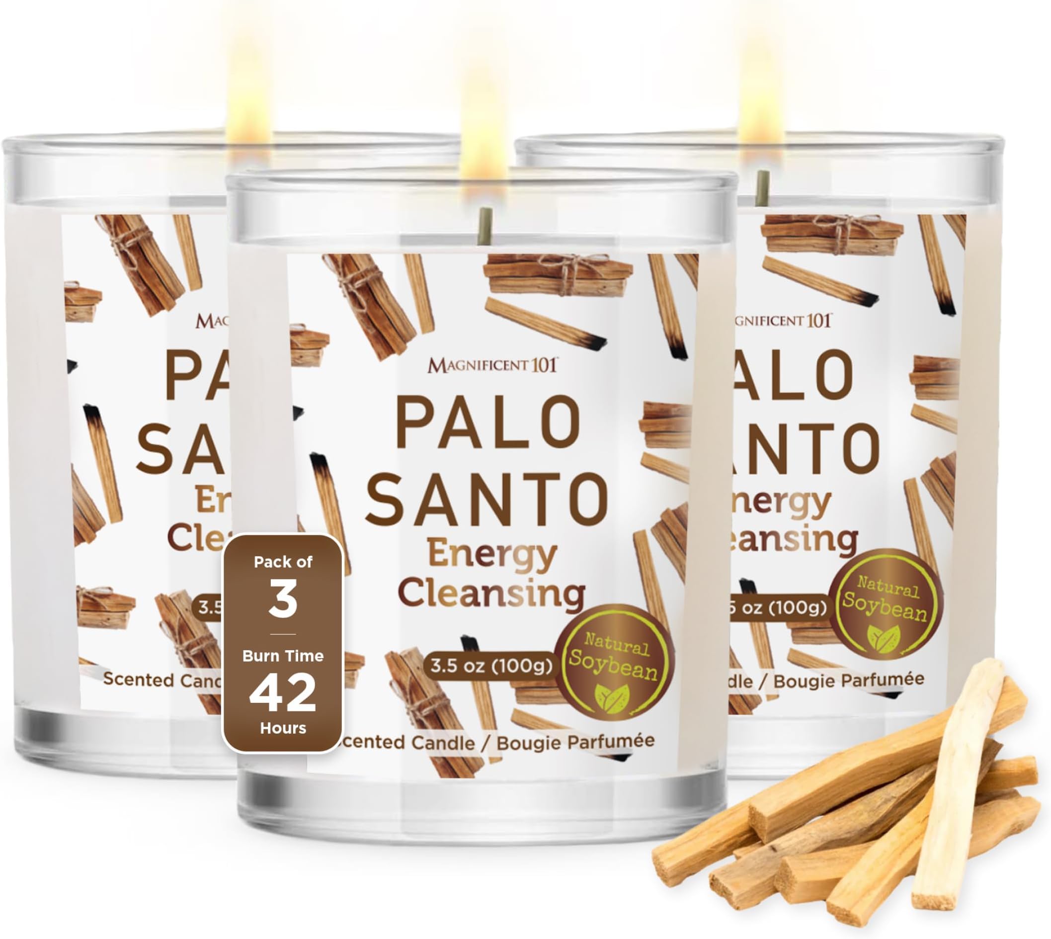 Magnificent 101 Set of 3 Long Lasting Palo Santo Smudge Candles - 42 Hour Burn, 3.5 Oz Each, Made with Soy Wax and Herb, Ideal for House Energy Cleansing, Meditation & Manifestation - Sage Candle