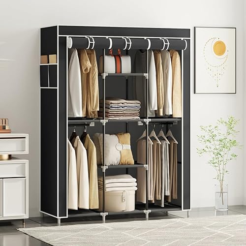 Miniatura 3 de Armario portátil para colgar ropa, organizador de armario de almacenamiento para dormitorio, 4 estantes de almacenamiento, 4 varillas para colgar,