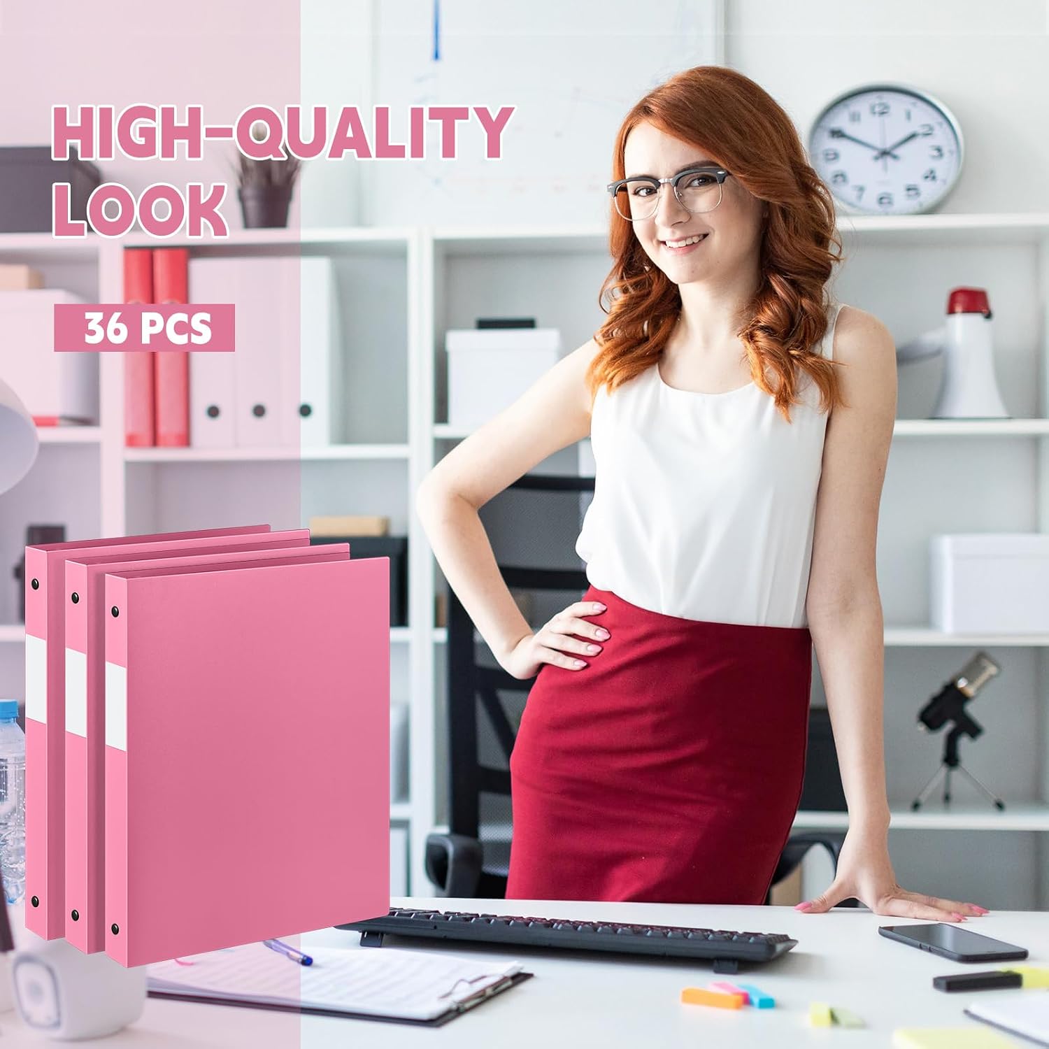 Henoyso 36 Pack 0.5 Inch Plastic 3 Ring Binder Round Ring, Bulk 1/2 Inch Flexible Binders Hold 140 Sheets Letter Size with Pocket, Document Organizer for Back to School Classroom Office (Pink)