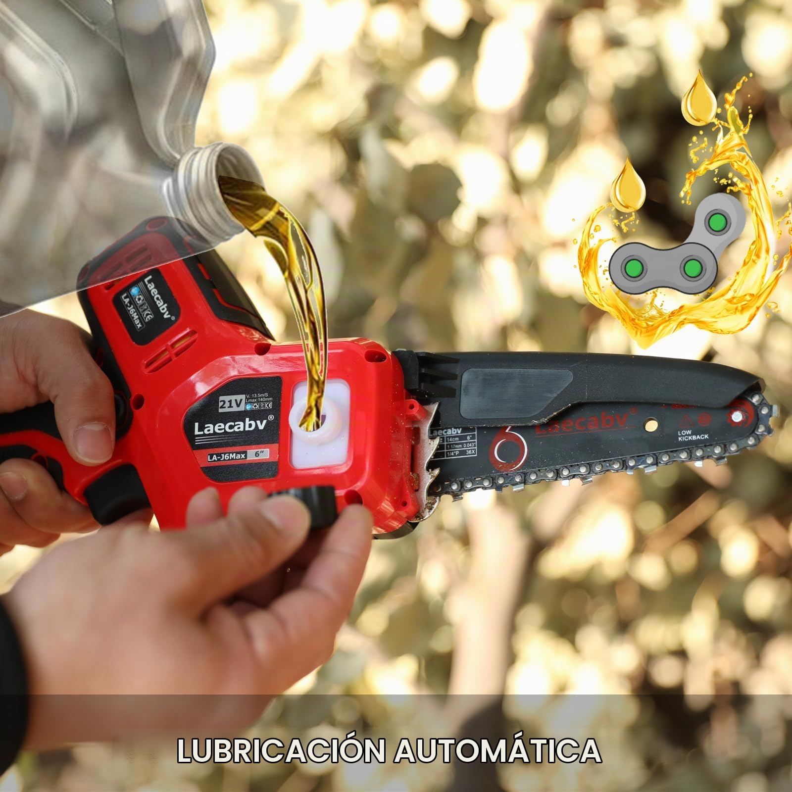 Laecabv Mini Motosierra Eléctrica de Mano, Rojo | Batería no incluida, Bloqueo de Seguridad, Para árboles, Para ramas, Para jardín