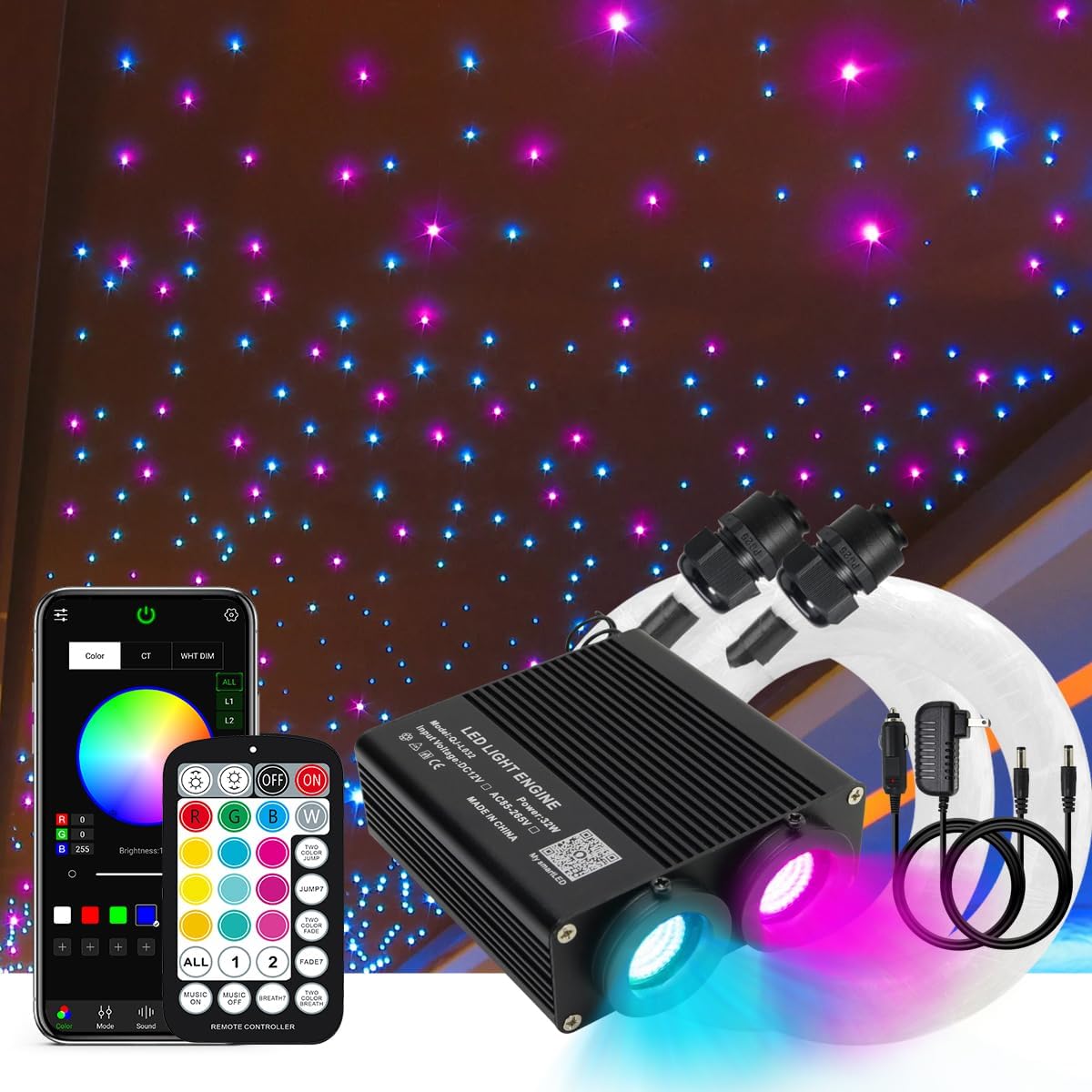 AKEPO 2 Light Color 32W Dual-Head RGBW Music Activated Fiber Optic Lights, 670pcs of Mixed Optical Fibers in 13.1ft+ Small APP Control Fiber Optic Star Ceiling Light Kit for Car Headliner Star/Home