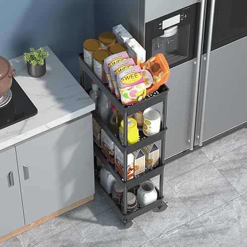 Miniatura 2 de Sooyee 4 Tier Wide Storage Cart Mobile Shelving Unit Organizer Slide Out Storage Rolling Utility Cart Tower Rack for Kitchen Bathroom Laundry, Negro