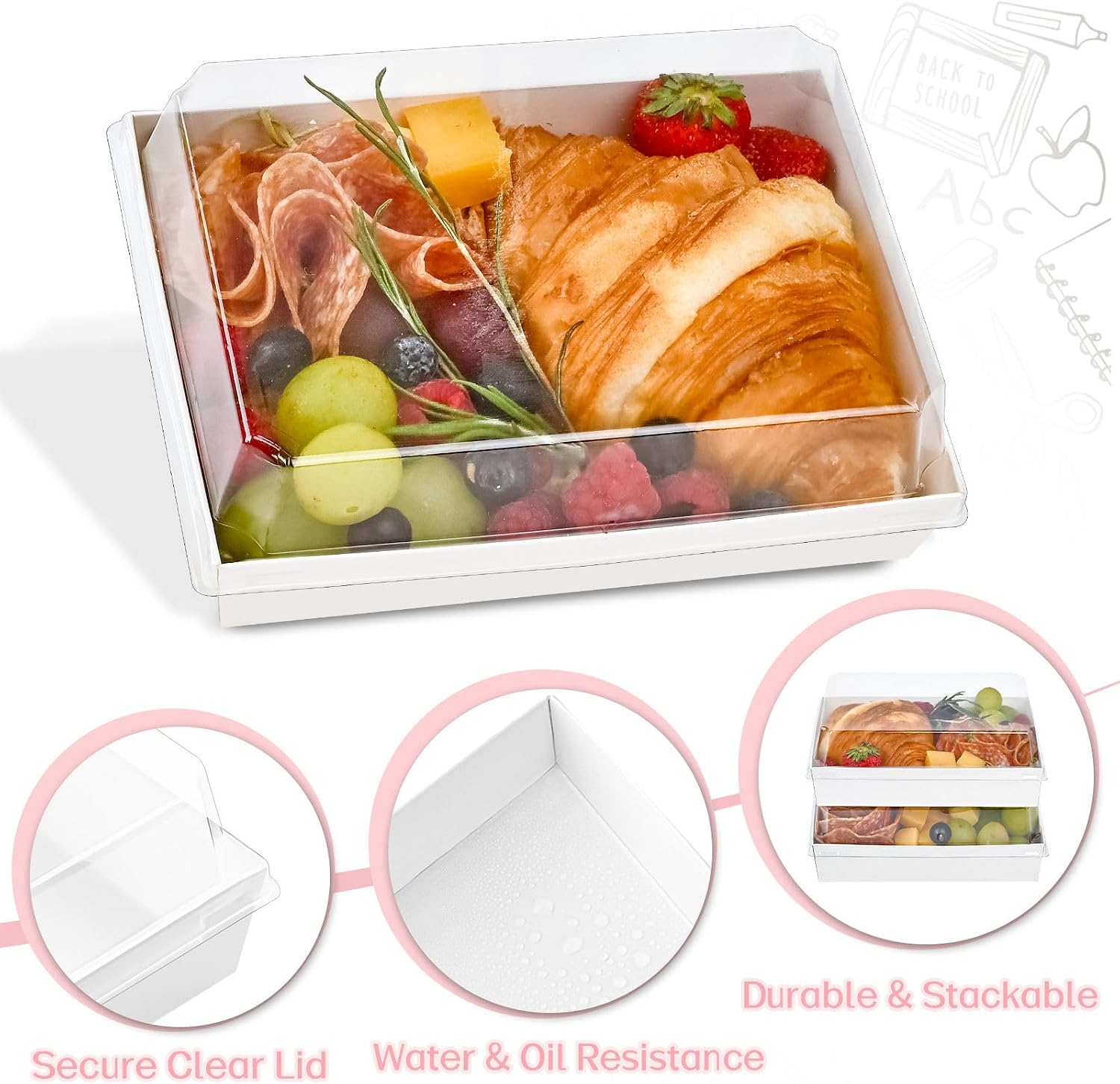 Condition photo showing New/Like New for ocmoiy 7x5 inch charcuterie boxes with clear lids, 50 pack paper bakery boxes with window, disposable take out food containers for sandwiches, strawberries, cookies, cupcakes (white)