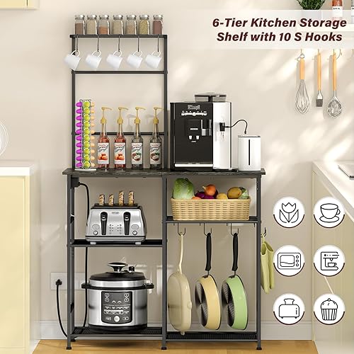 Miniatura 4 de Estante para panaderos con toma de corriente, soporte de microondas de cocina con 10 ganchos en forma de S, estación de barra de café de 6 niveles,