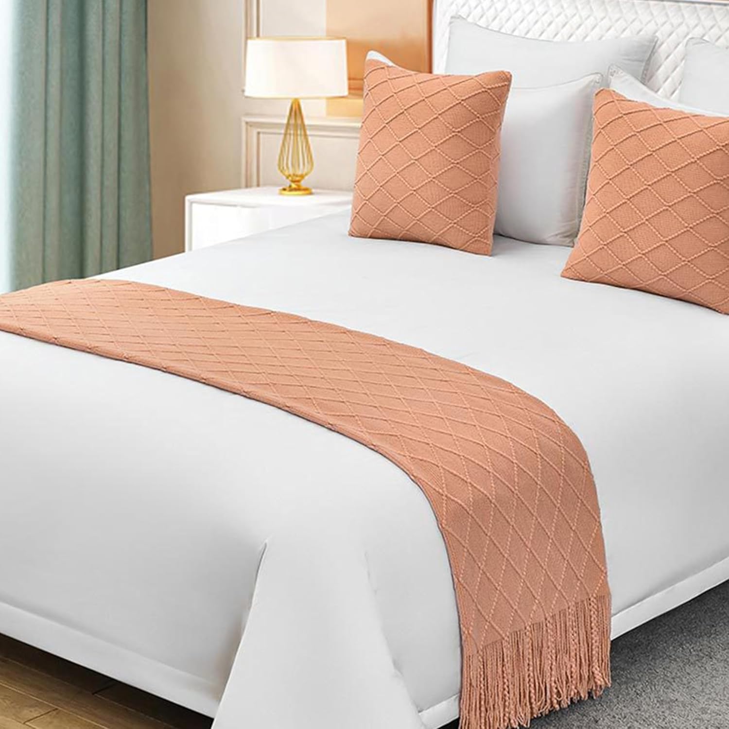 Cotton Knit Bed Runners King Size,Decorative Boho Bed Scarf with Tassel,Soft Solid Color Woven Beds Throw Blanket for Bedroom Home Hotel (A Milky White, 60x230cm/23.6 * 90.6in)