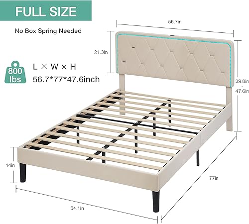 Miniatura 2 de VECELO Base de cama matrimonial tapizada con cabecera ajustable, plataforma de terciopelo con luces LED, estación de carga, base de colchón con