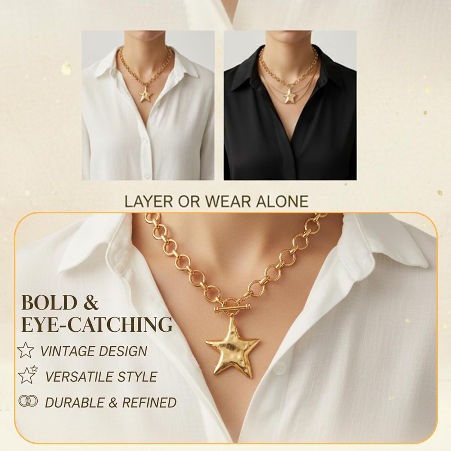 Molain Chunky Star Necklace for Women, Hammered Statement Star Pendant Gold Chain Necklaces with Thick Chain Vintage Boho Chunky Jewelry Adjustable Trendy Gifts for Women