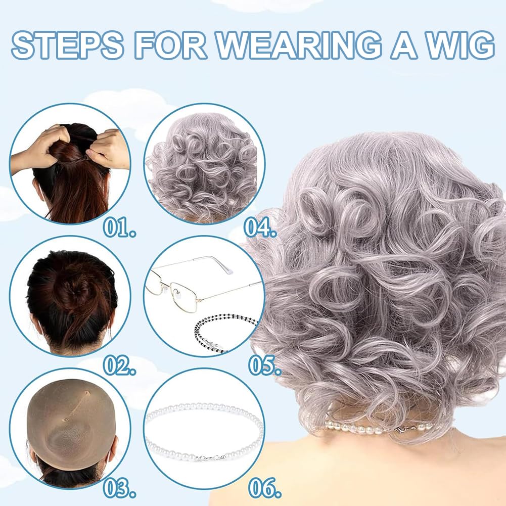 WFKKMEQ Old Lady Wig Costume, Old Lady Fancy Dress Set Granny Wig Cap Old Man Costume Accessories with Wigs, Chain Wigs Cap - Image 4