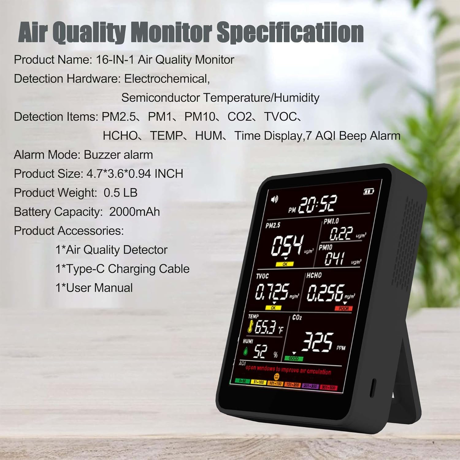 Professional Indoor Air Quality Monitor with AQI Alerts, Portable Real-Time Detector for Home, Car, Plants & Pet