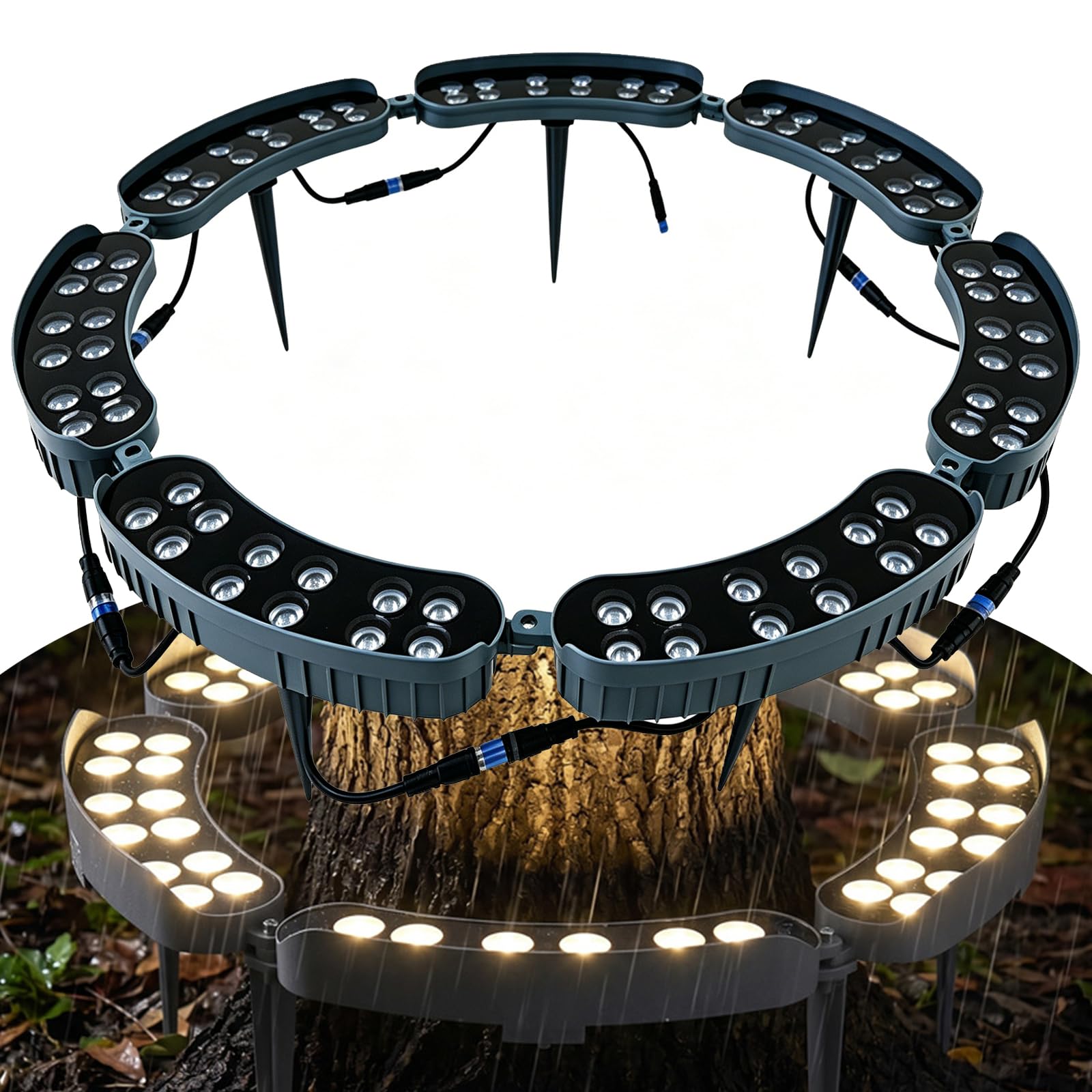 LED Ring Tree Light Outdoor Waterproof Landscape Spotlight, Die-Cast Aluminum Tree Hug Uplights with Ground Stake for Garden Pathway Accent, Circular Wrap Around Lamp (Yellow,Ground-insert-7pcs)
