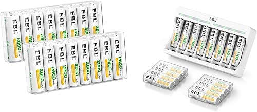 EBL 16 pilas recargables AA de 2800 mAh y 16 unidades AAA de 1100 mAh con cargador de batería individual AA AAA