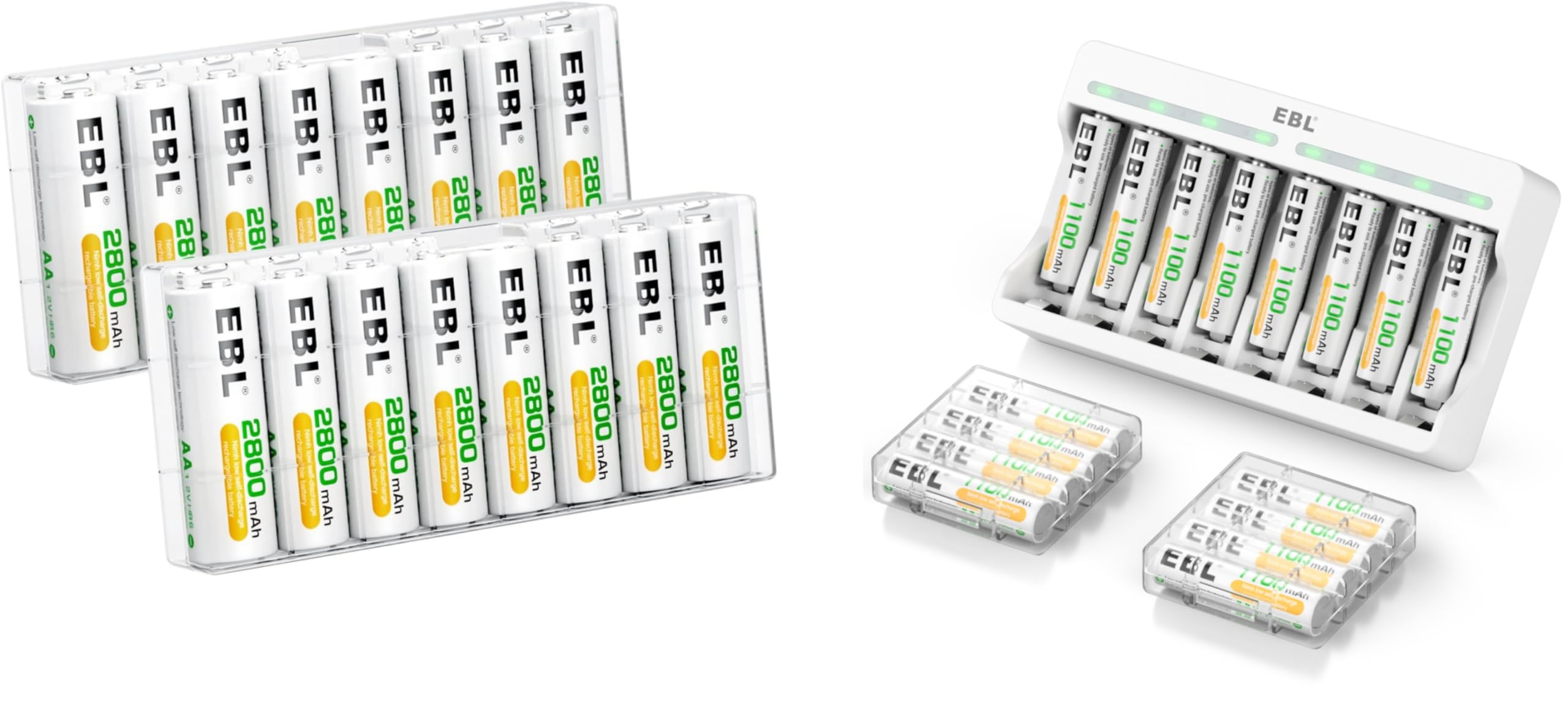 EBL16PCS AA 2800mAh and 16-Count AAA 1100mAh Rechargeable Batteries with Individual AA AAA Battery Charger