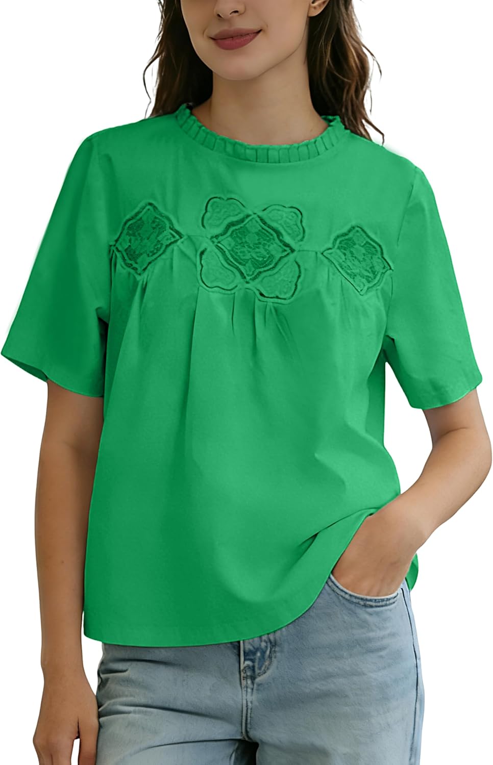 Women Ruffle Crew Neck Blouse Short Sleeve Lace Embroidered Loose Fit Babydoll Casual Tops for Spring Summer