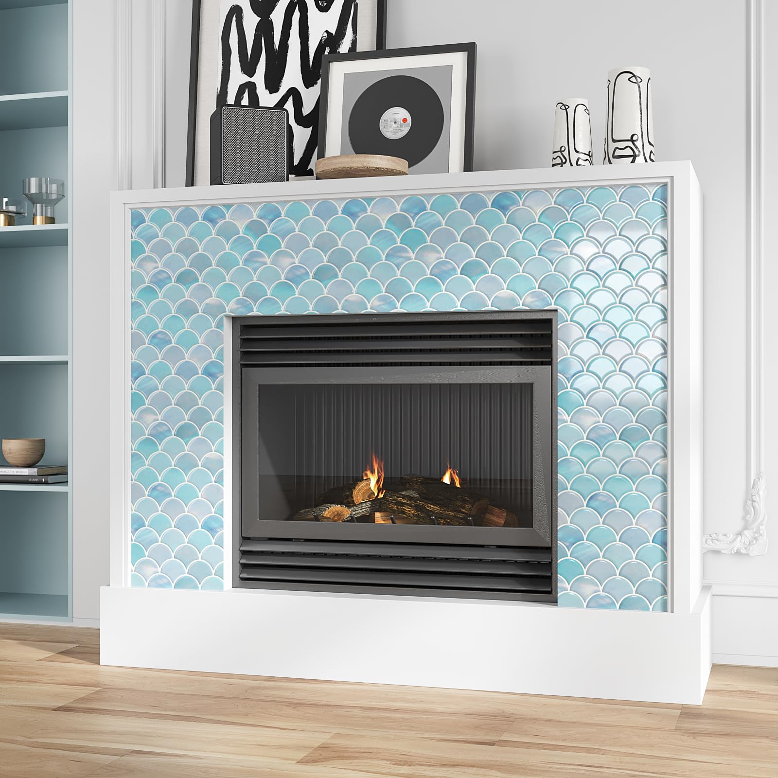 VEELIKE Piastrelle in ceramica iridescenti, con squame di pesce blu iridescente, per piastrelle da parete della cucina, stacca e attacca, impermeabili, 12 fogli autoadesivi in ceramica per bagno, 30,5