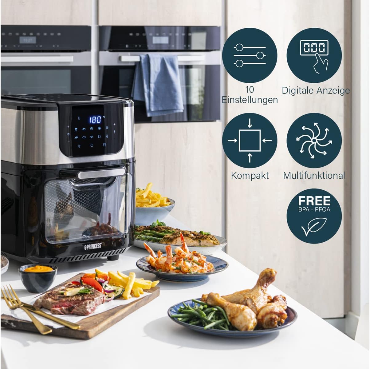 Princess Deluxe Mini-Oven and Air Fryer with multiple grilling racks loaded with food