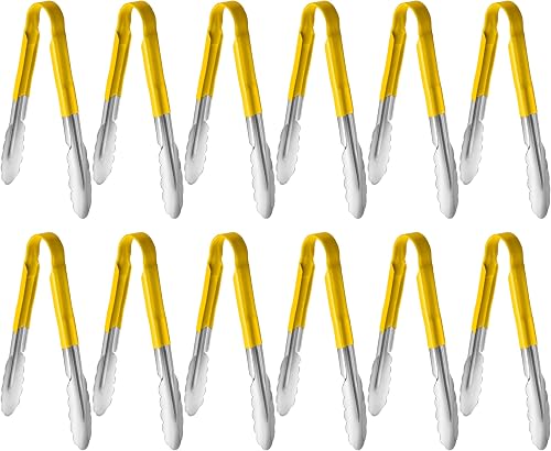 New Star Foodservice 35889 9-Inch Utility Spring Tongs, Stainless Steel, Vinyl Coated, Set of 12, Yellow