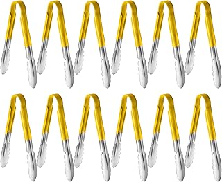New Star Foodservice 35889 9-Inch Utility Spring Tongs, Stainless Steel, Vinyl Coated, Set of 12, Yellow
