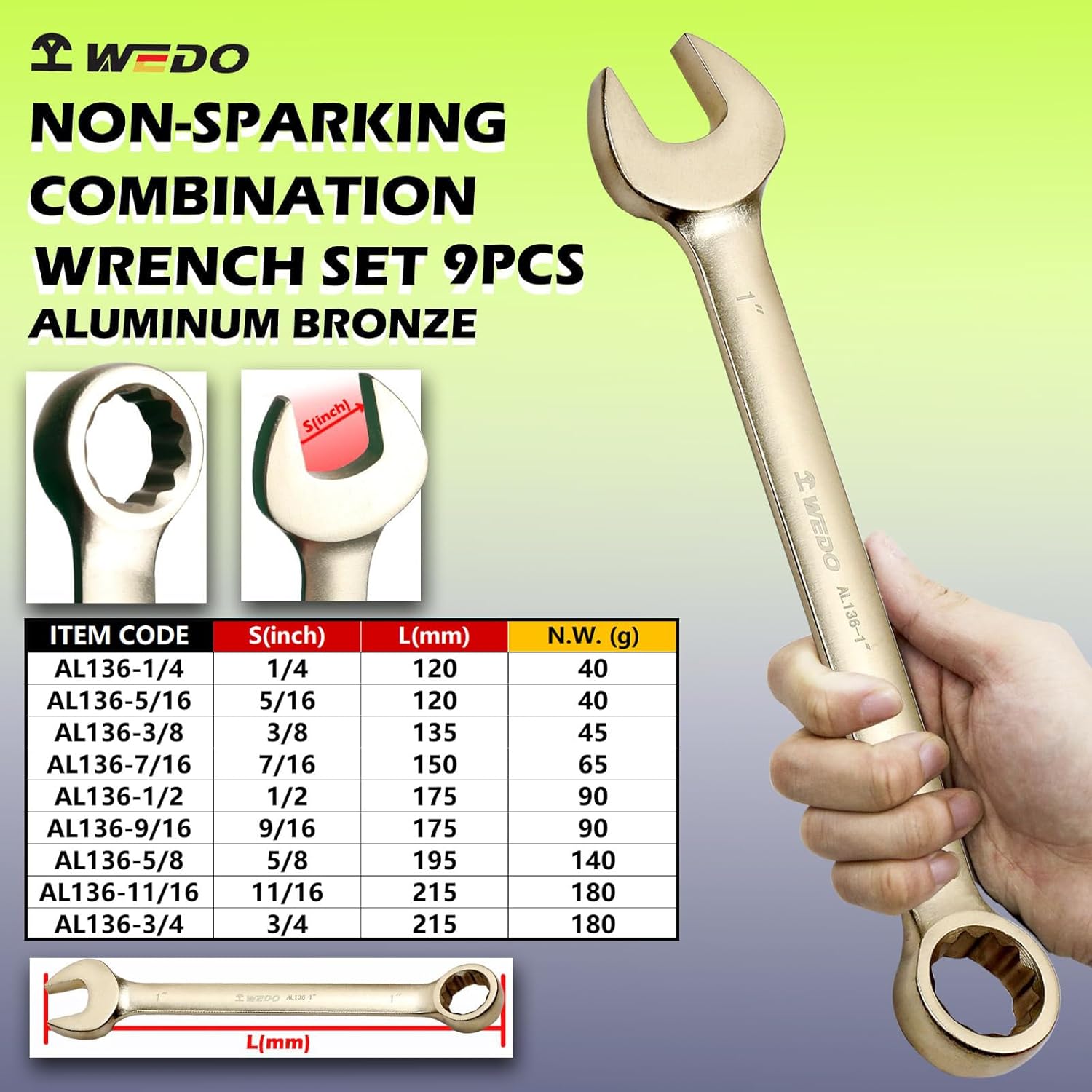 WEDO 9PCS Non-Sparking Combination Wrench Set,SAE 1/4" to 3/4",12 Point Design,Aluminum Bronze,Corrosion-resistance,BAM&FM Certificate