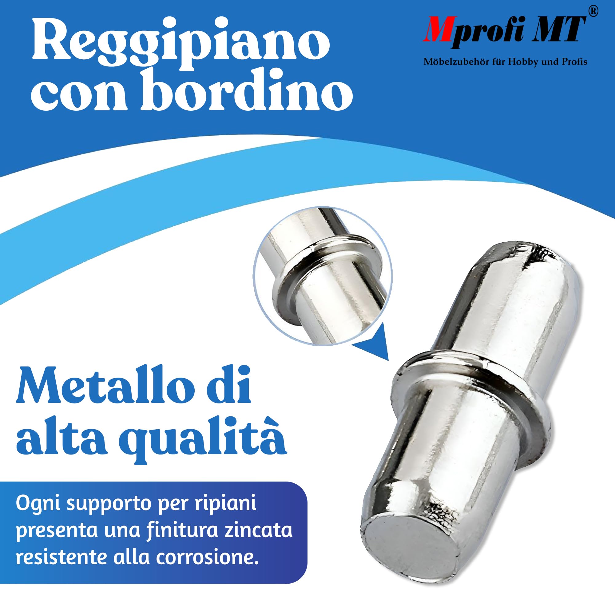 Mprofi MT® 200 Pezzi | Perni di Supporto per Ripiani Ø5mm | Reggimensola con Anello in Acciaio Zincato per Armadi, Mobili e Scaffali | Supporti per Mensole e Ripiani in Legno