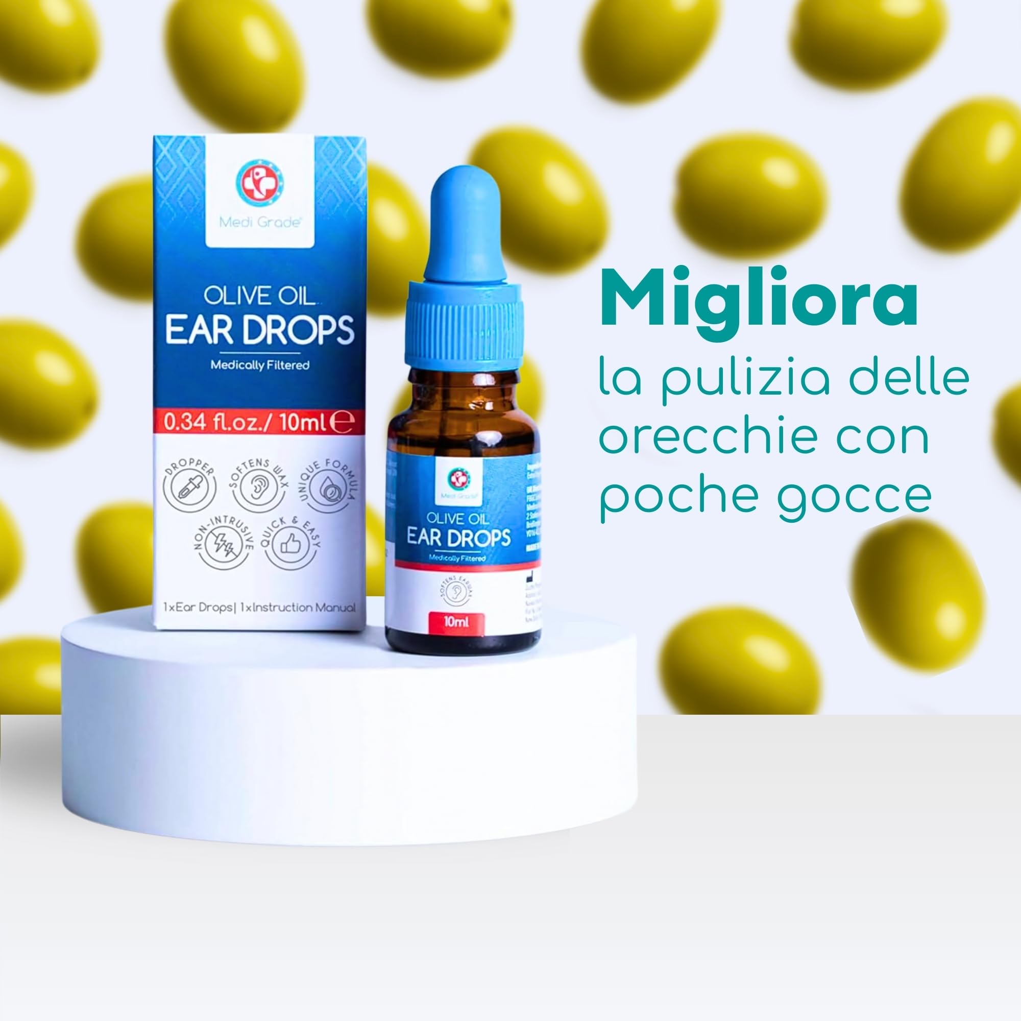 Medi Grade Gocce Auricolari all’Olio Oliva 100% Puro per Pulizia Orecchie – Olio per Rimozione Tappi di Cerume in Boccetta da 10 ml – Ammorbidisce e Rimuove i Tappi Orecchie – Sollievo Rapido
