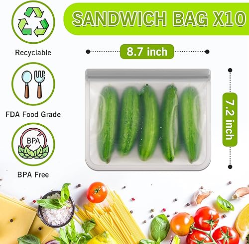 Miniatura 8 de ANZNKU Paquete de 8 bolsas reutilizables de galón, bolsas de almacenamiento de alimentos reutilizables, sin BPA, bolsas reutilizables para
