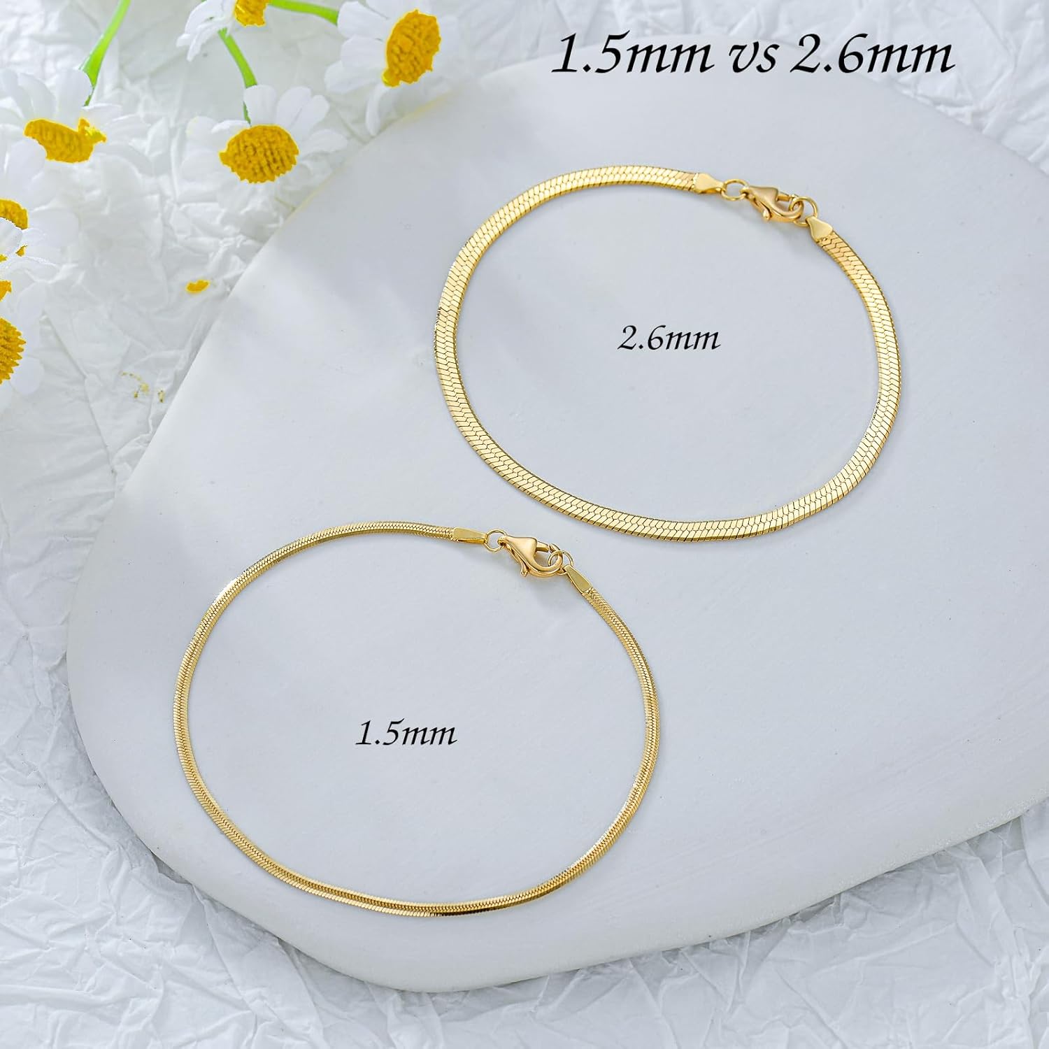 18K Yellow Gold 0.7mm, 1mm, 1.5mm, 2.8mm Snake Chain Bracelet Herringbone Chain Bracelet with Durable Lobster Clasp for Women, Gold Herringbone Chain Bracelet Anklet Durable Strong Real 14k Gold Snake Snake Chain Bracelet Anklet, 6inch-9inch