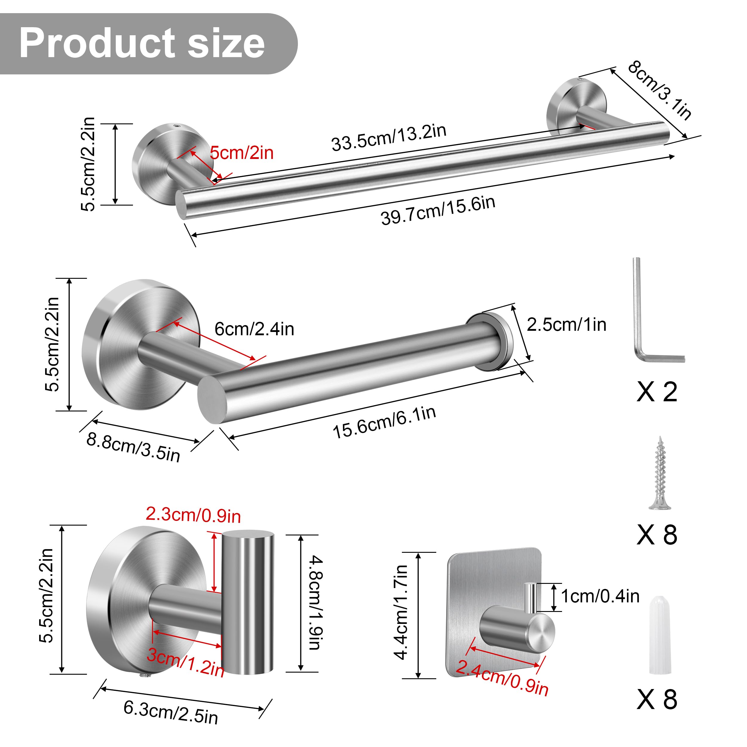 Juego de Toallero de Baño Juego de Herrajes de Baño de Acero Inoxidable Ganchos para Bata para Baño y Cocina 5 Piezas (Plata)