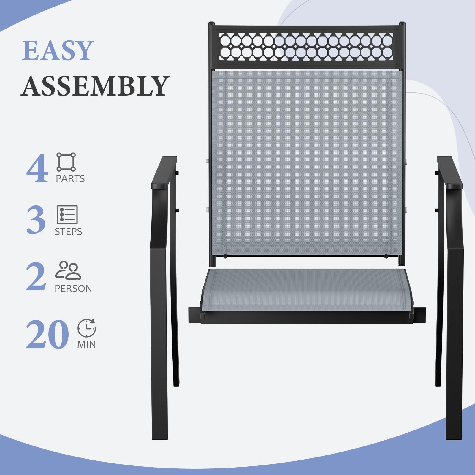 LIFERUN Juego de 4pcs sillas de jardín, Asiento Ancho con Tela Teslin, Transpirable, de Secado rápido, hasta 120 kg, para jardín, terraza, balcón, Zona de Piscina (Gris)
