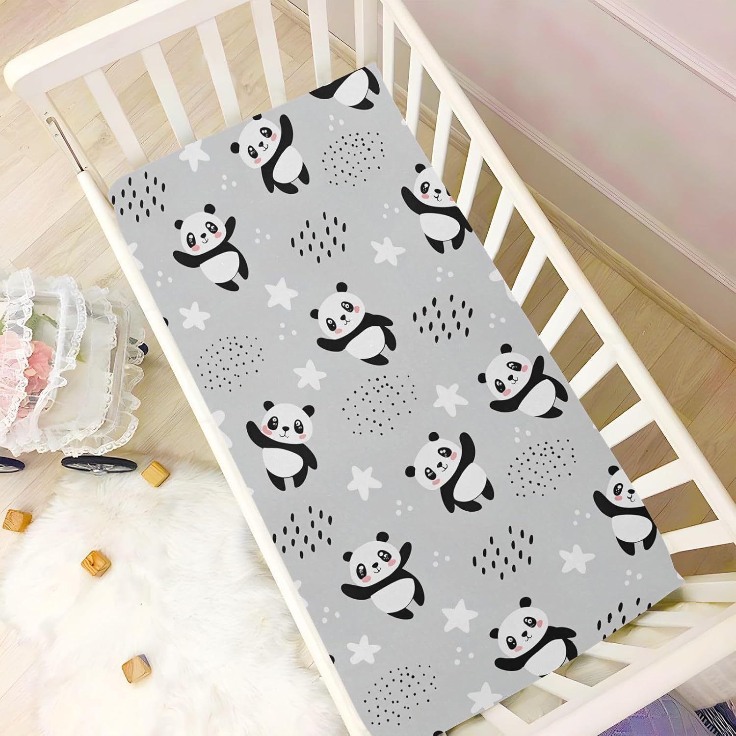 ATTX Fitted Crib Sheet Cartoon Panda Bears Baby Sheets for Standard Crib Toddler Mattress Cover, Soft Microfiber Breathable Mattress Cover,28" x 52" x 9"
