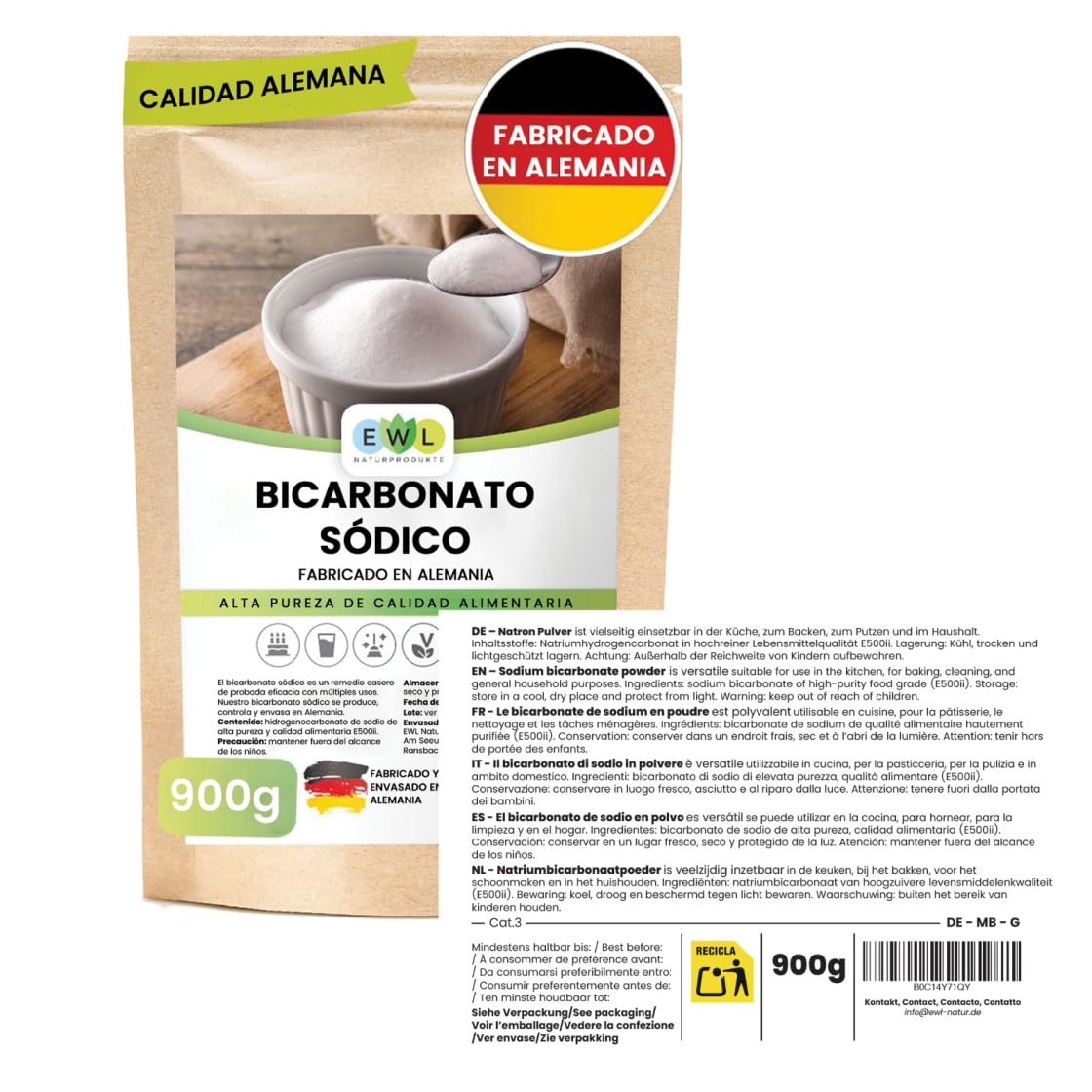 EWL Naturprodukte Bicarbonato de Sodio 900 g, Levadura en Polvo de alta Pureza y Calidad Alimentaria Alemana, Baking Soda