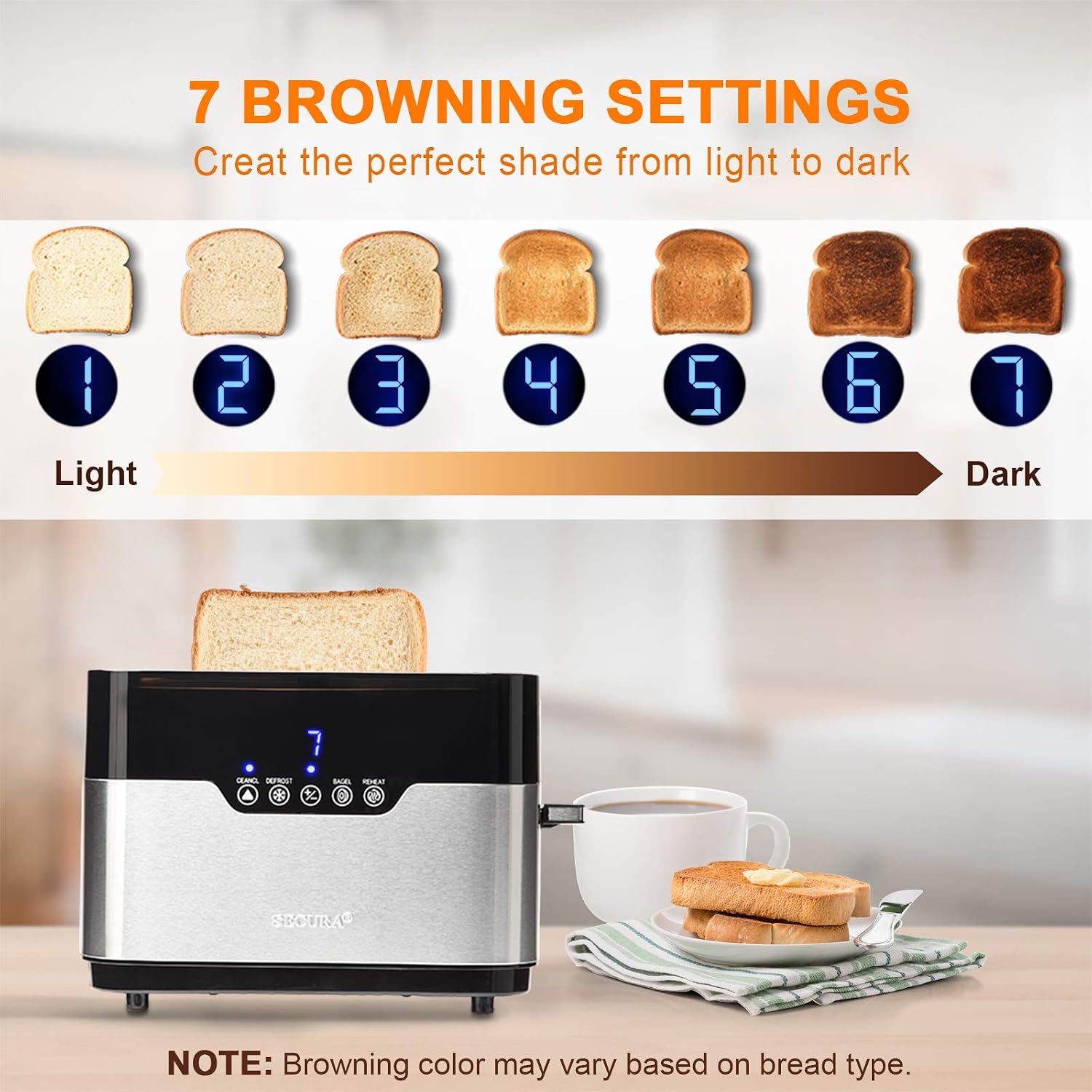 Secura Toaster 2 Slice Bagel Bread Stainless Steel Extra Wide Slots with Defrost Reheat Auto Shut Off Function Removable Crumb Tray