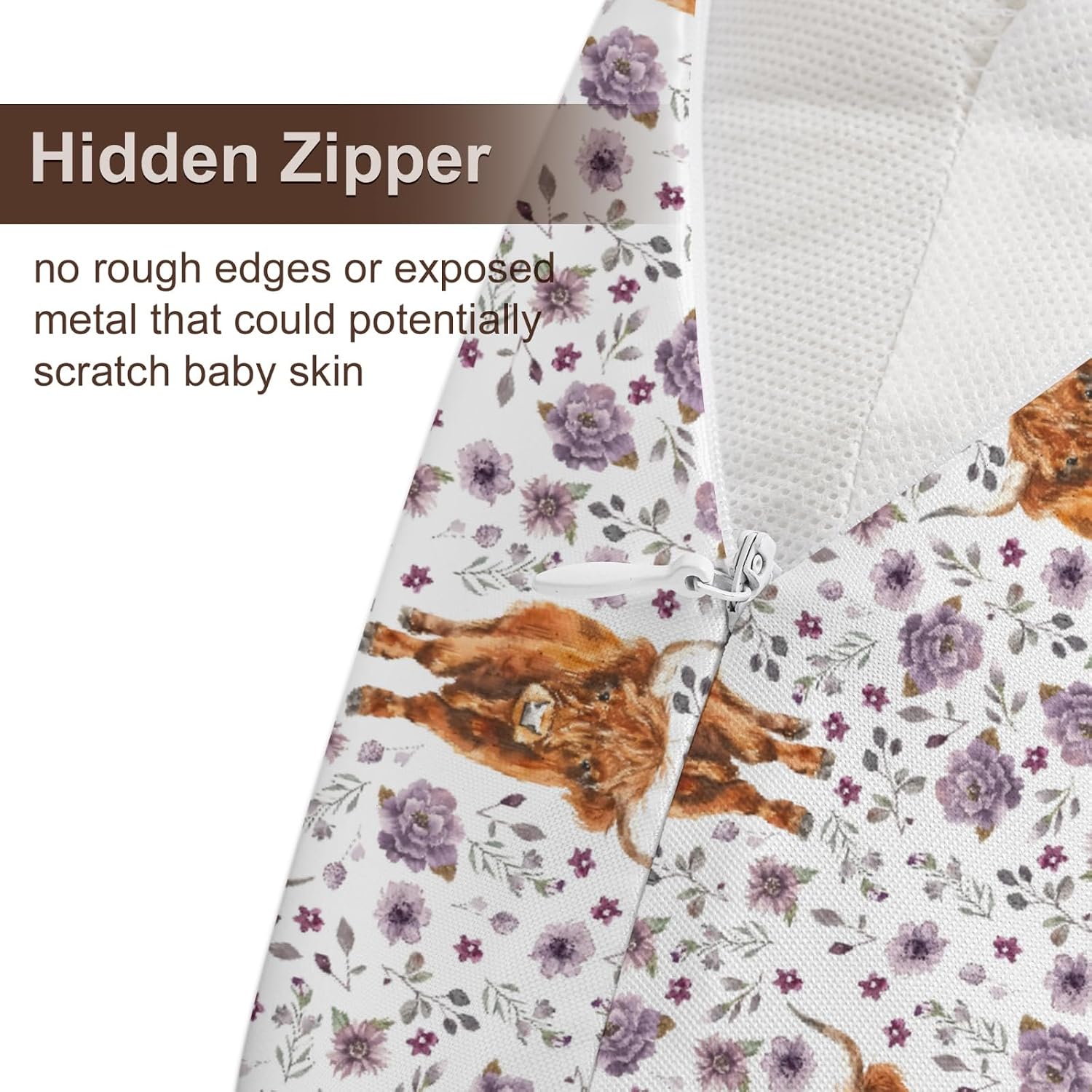 Watercolor Western Farm Cow Flowers Pattern Nursing Pillow Cover, Unisex Highland Cow Floral Removable Breastfeeding Pillowcase Slipcover for Baby Girls Boys Newborns Toddlers, Cover Only