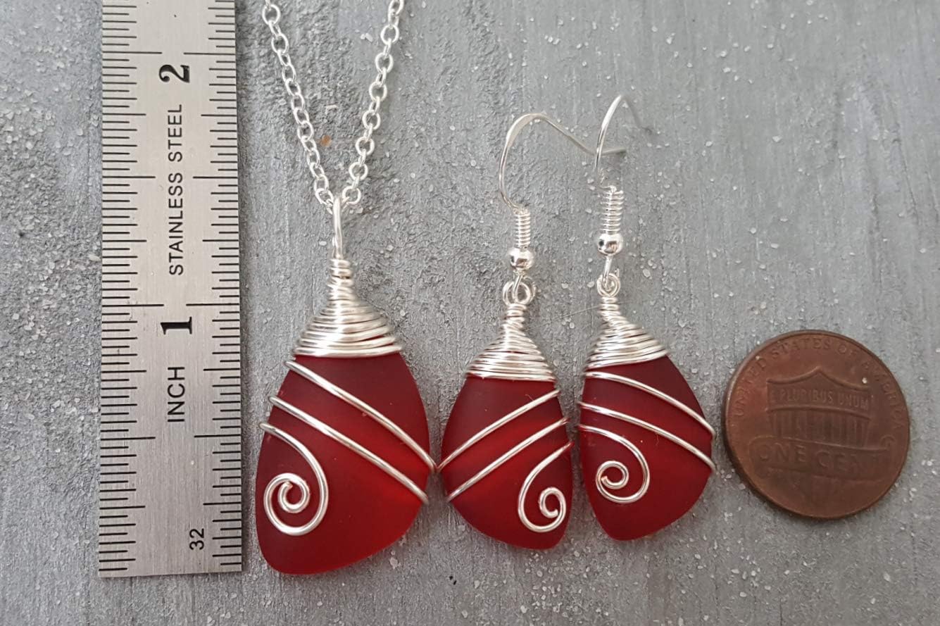 Handmade In Hawaii, Wire Wrapped Sea Glass Necklace and Earrings Set, Birthday Gifts For Women