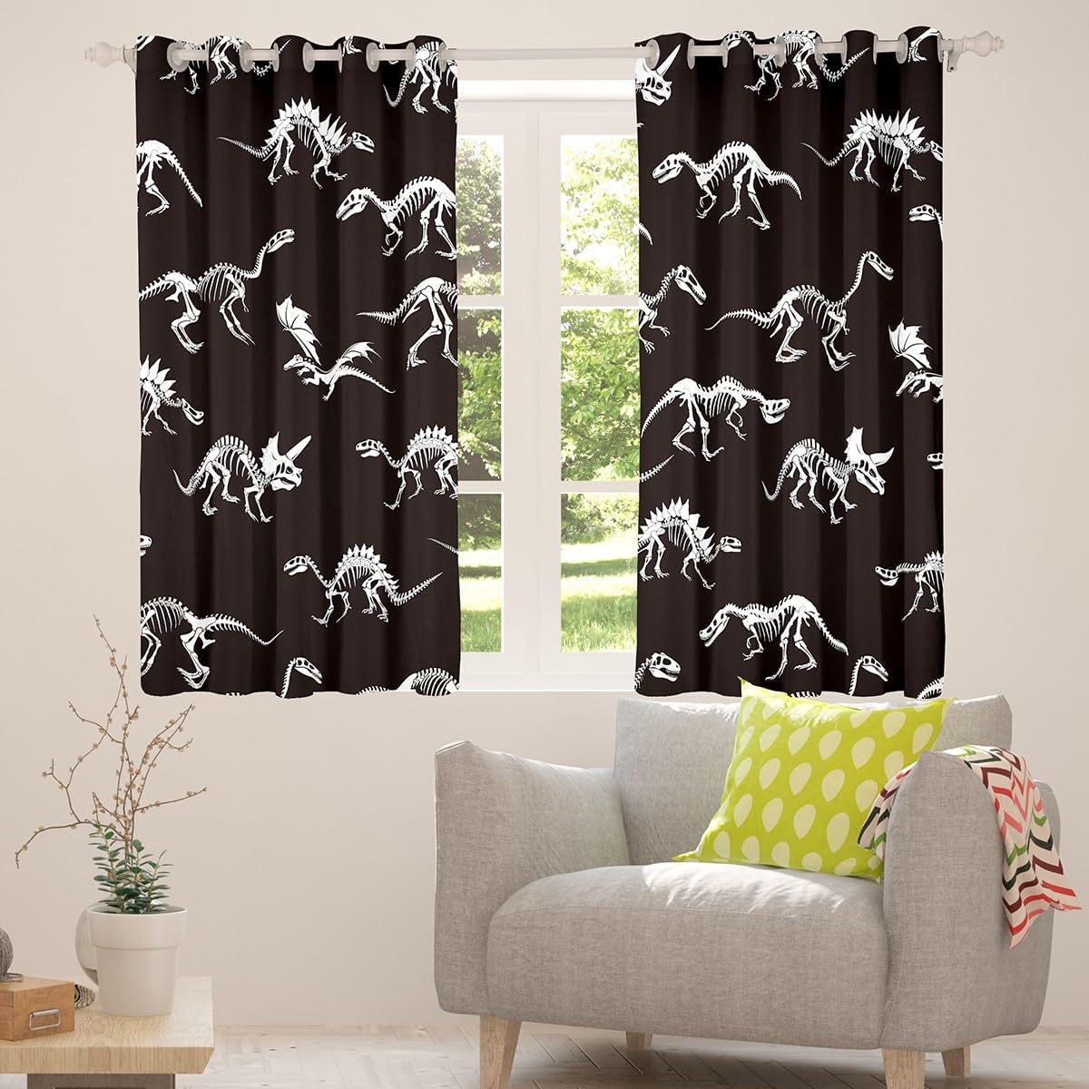 Dinosaur Skeleton Window Curtains,Dinosaur Bones Curtain,Ancient Animals Window Drapes for Kid Teens Boys Young Man,Modern Bedroom Decorative,Black and White Curtain,38Wx54L