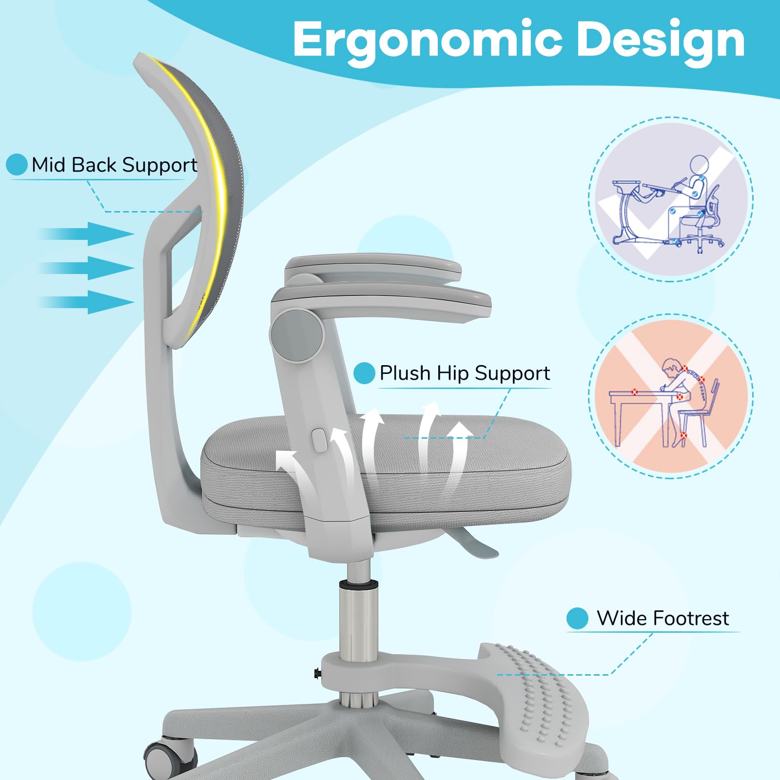 LIFEZEAL - Silla de Oficina Infantil Giratoria 360° con Reposapiés, Silla de Estudio con Altura Ajustable, Apoyabrazos Elevables, Silla Ergonómica para Niños, Carga 150 kg (Gris)