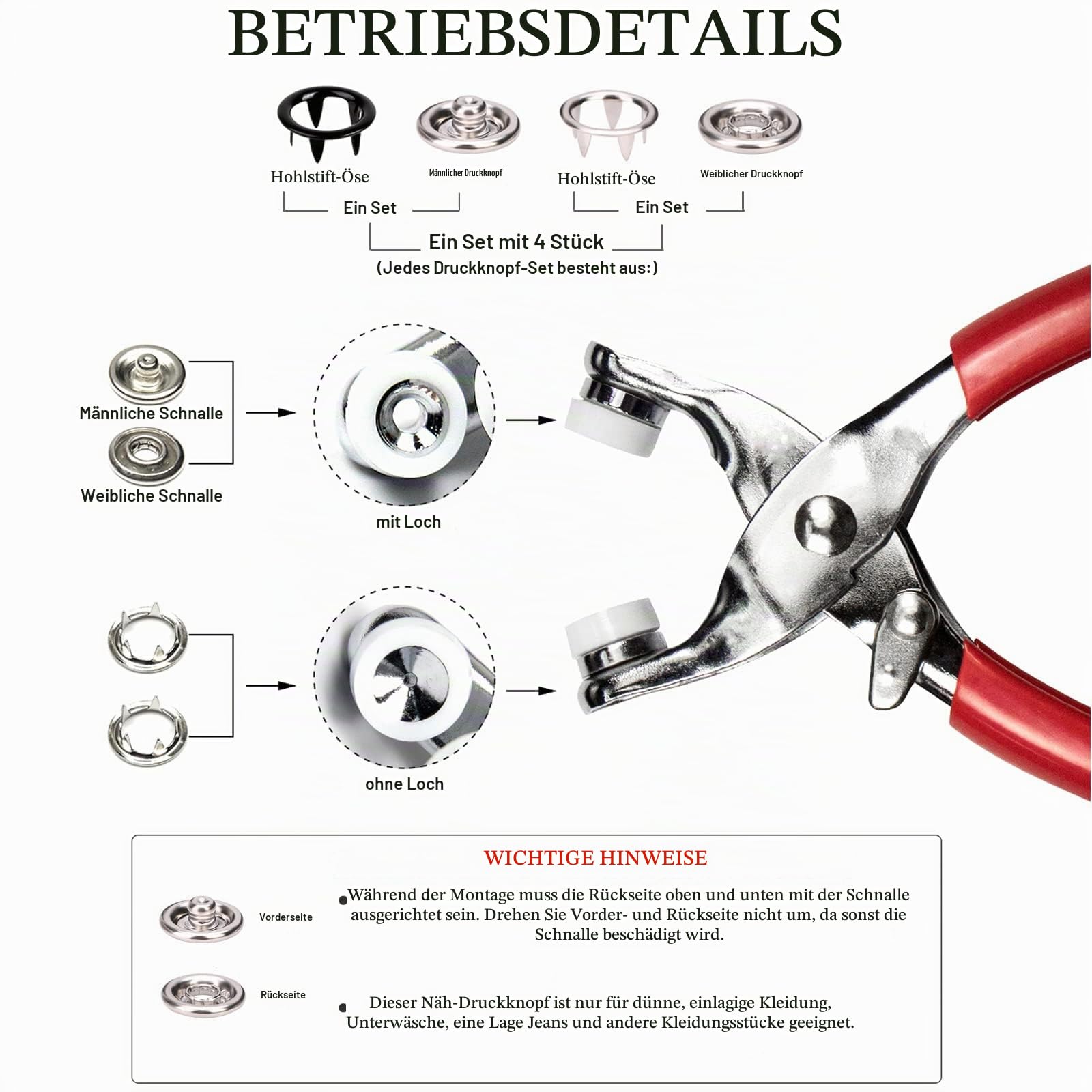 Druckknöpfe mit Zange, Metall Druckknopf Set mit Feste Knöpfe Werkzeug, Druckknöpfe Ohne Nähen 200sets für DIY Basteln Kinderbekleidung,Kleidung Taschen, Handgemaakt, 9.5 mm, 10 Farben