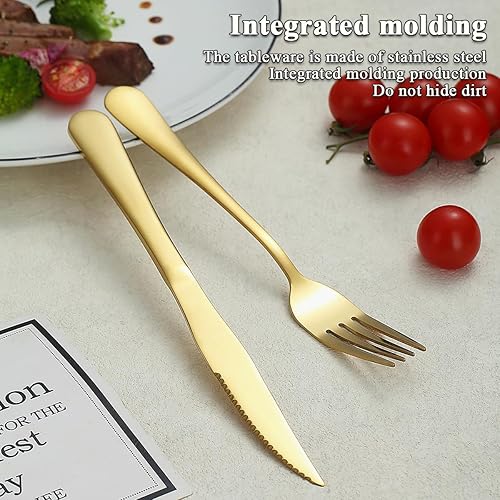 Miniatura 7 de Evanda Juego de 24 cuchillos de carne dorados de acero inoxidable chapado en titanio dorado, 12 tenedores de cena y 12 cuchillos de cena, cuchillos