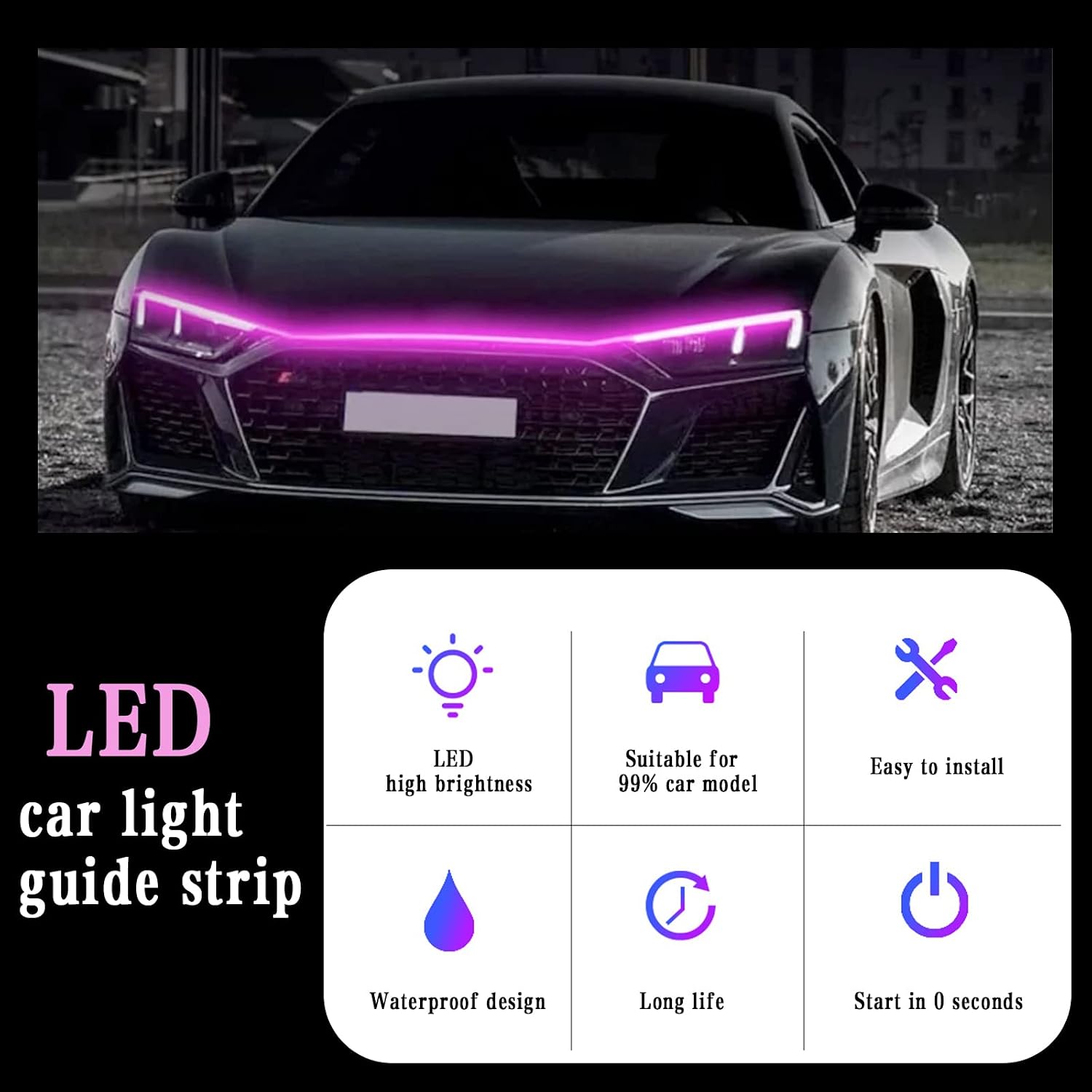 1 PC Car Hood LED Strip Lights, 59In Long 12V Led Vibe Light, Waterproof Safe Light Guide Strip with Tape, Universal for Car Truck SUV Interior & Exterior Vibe Lights (Pink)