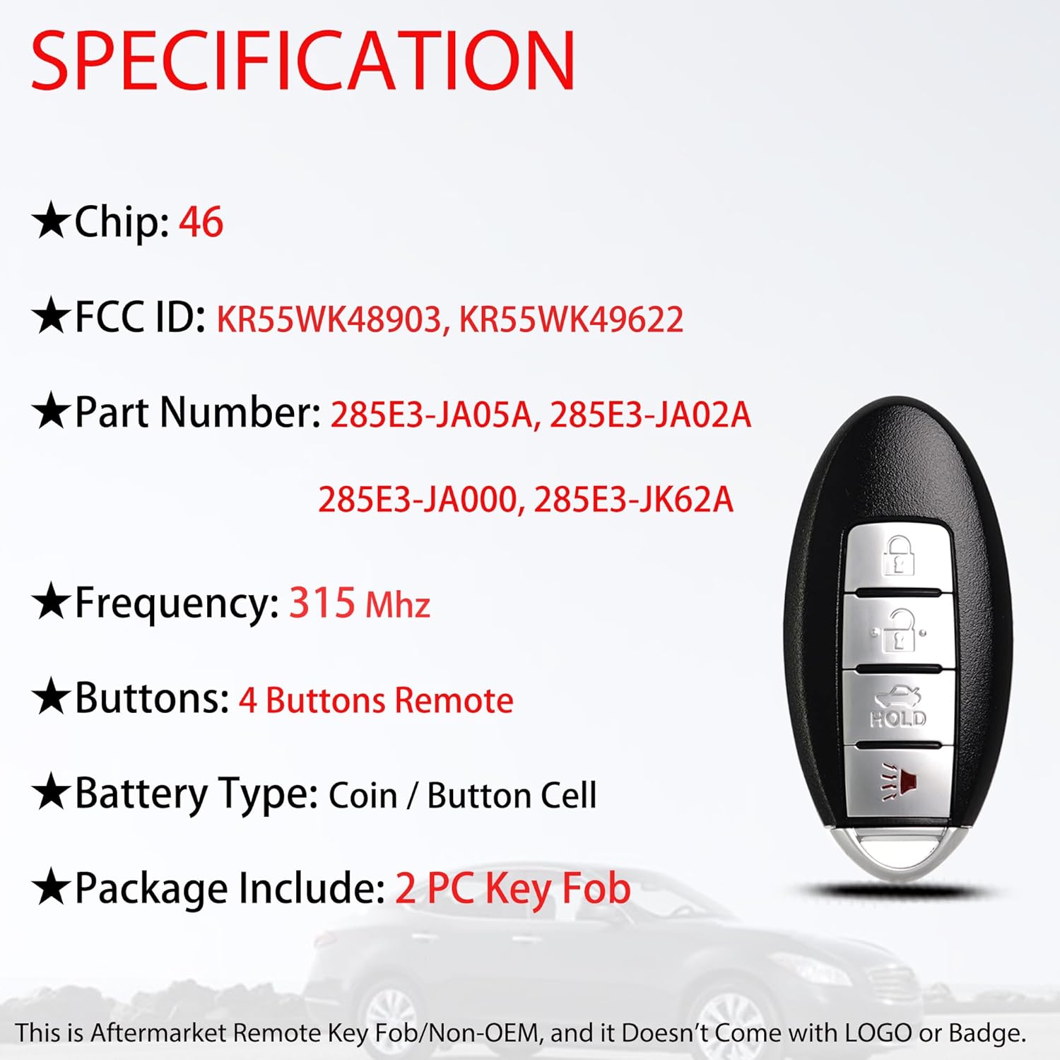 MechanMagic Key Fob Replacement Fits for Nissan Altima Maxima Murano Versa 370Z Infiniti G37 EX35 FX35 G25 G35 2007-2015 Keyless Entry Remote Control KR55WK48903 4 Buttons (Set of 2)