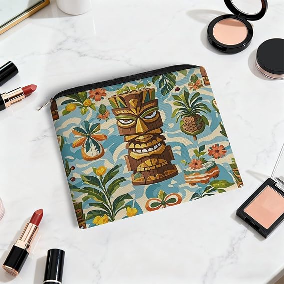 Vintage Aloha Tiki Pattern Travel Makeup Bag, Aesthetic Portable Cosmetic Bags with Zipper, Makeup Pouch, Cute Travel Toiletry Bag Skincare Bags for Women