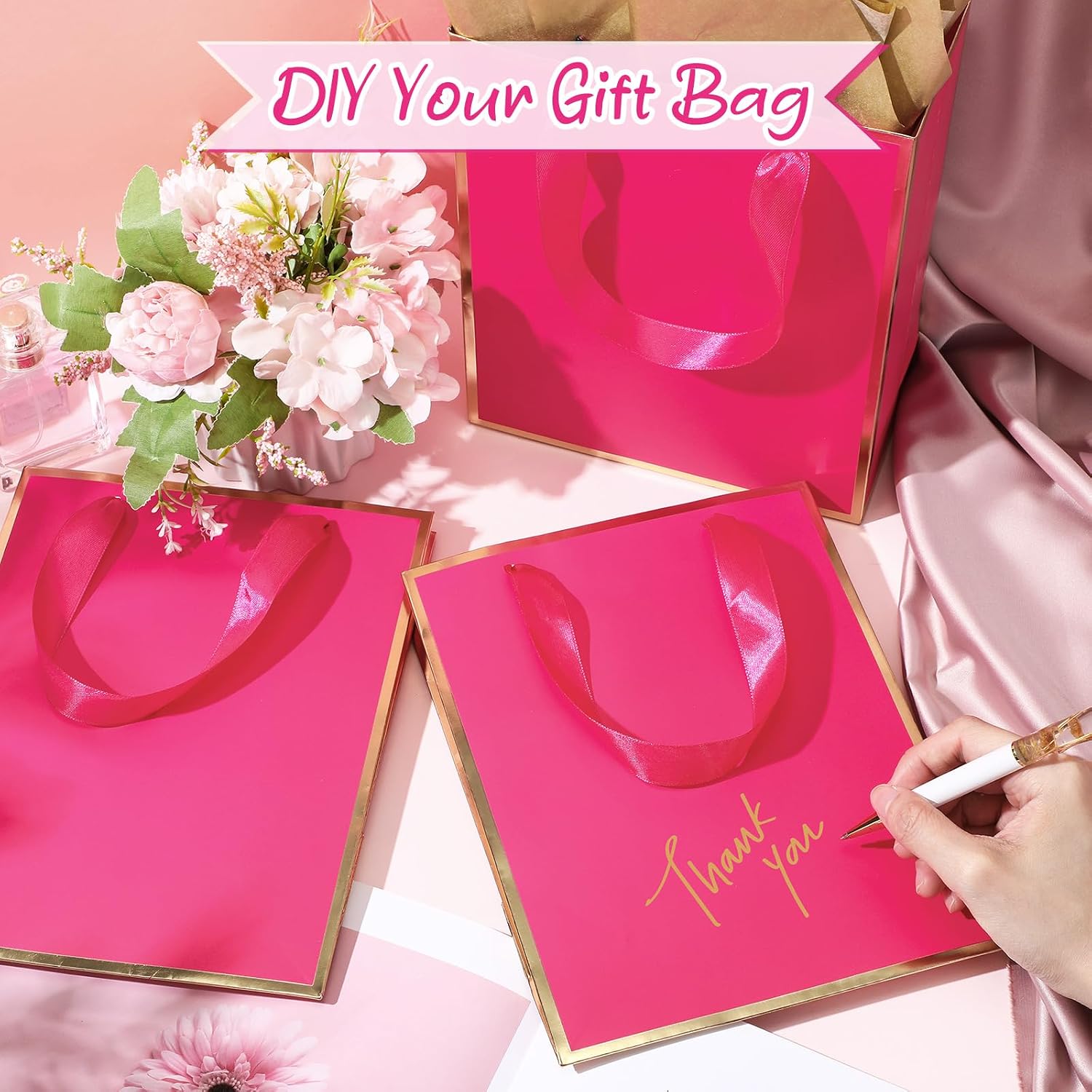 Yeaqee 24 Pack Metallic Paper Gift Bags, Hot Pink, Gold image 3